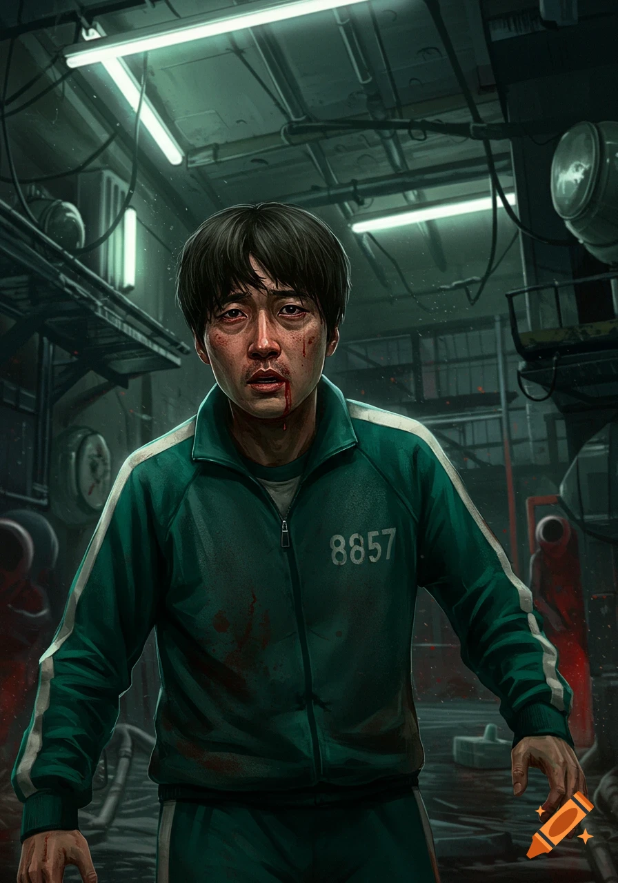 Stylized illustration of Gi-Hun from Squid Game, with blood on his face and jacket, looking distraught in a dark, industrial setting.
