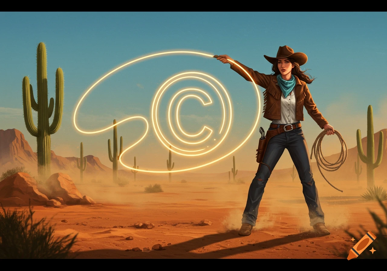A cowgirl in a brown jacket and blue jeans holds a glowing lasso in the shape of a copyright symbol in a desert landscape with saguaro cacti.