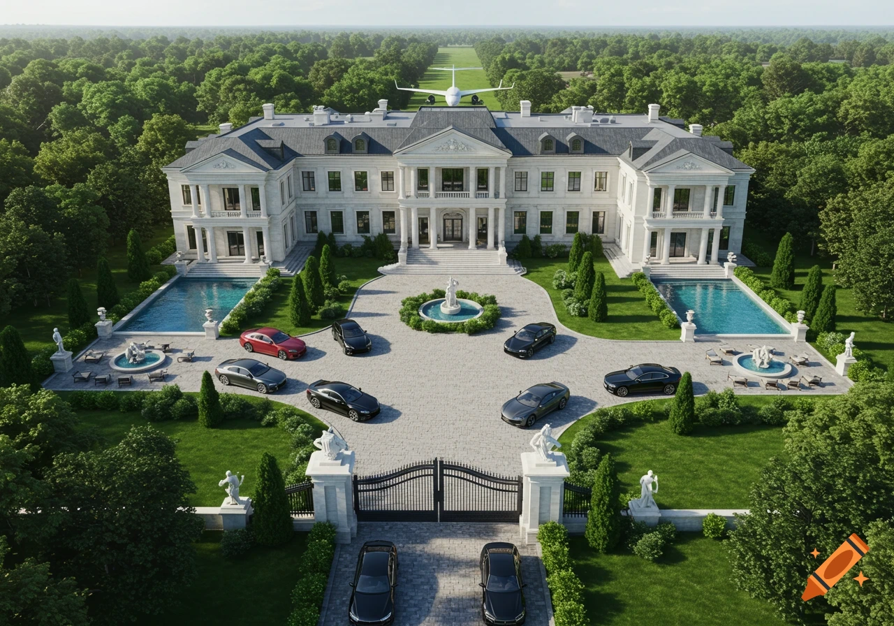 Aerial view of a grand white mansion with multiple luxury cars, two swimming pools, and manicured gardens, with a private jet on a distant runway.