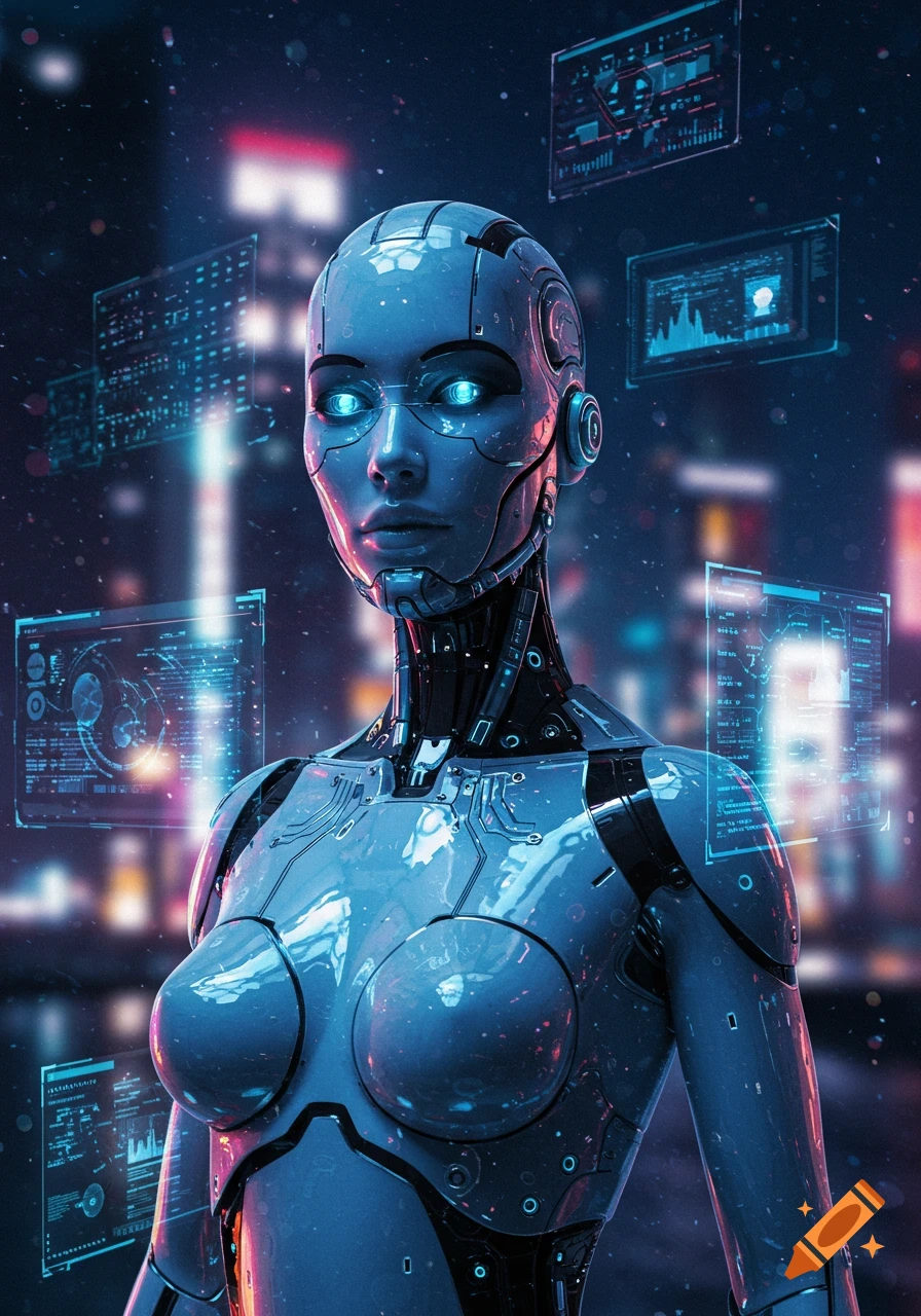 A photorealistic female robot with glowing blue eyes stands in a futuristic city with holographic interfaces.