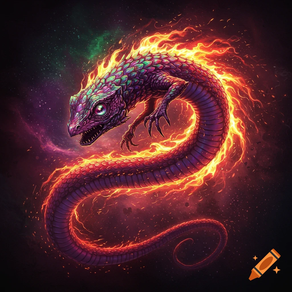 A vibrant, purple and green lizard-like creature with glowing orange flames around its body, set against a dark, starry cosmic background.