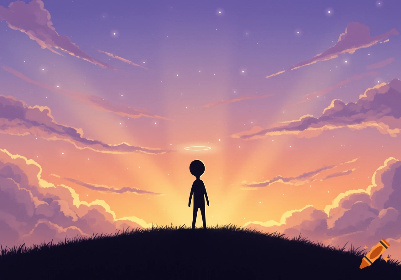 A silhouette of a figure with a halo stands on a hill against a vibrant purple and orange sunset sky with stars.