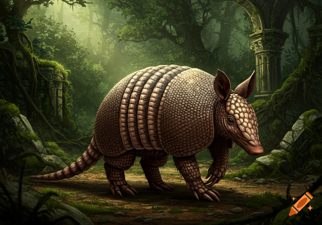 An armadillo walks through a lush, green jungle with ancient, moss-covered stone ruins.