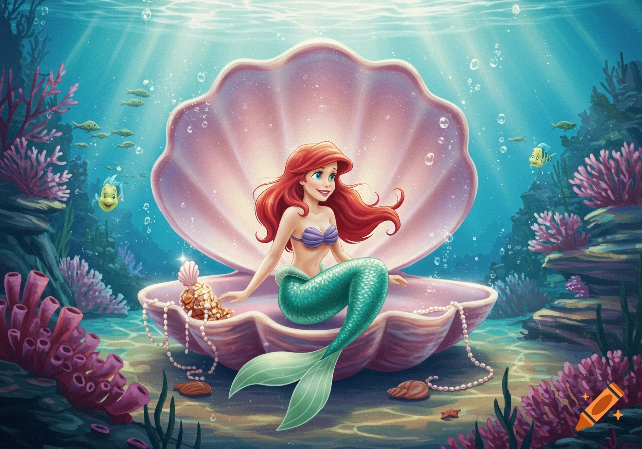 A cartoon mermaid with red hair and a green tail sits in a large pink clam shell underwater with fish and coral.