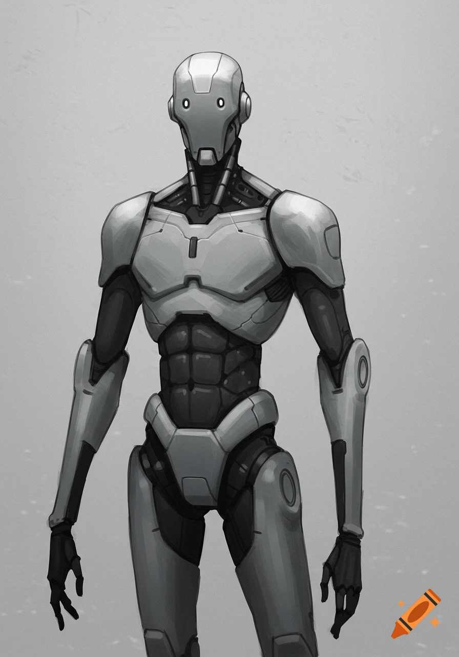 A monochromatic digital drawing of a humanoid robot with glowing eyes and detailed plating.