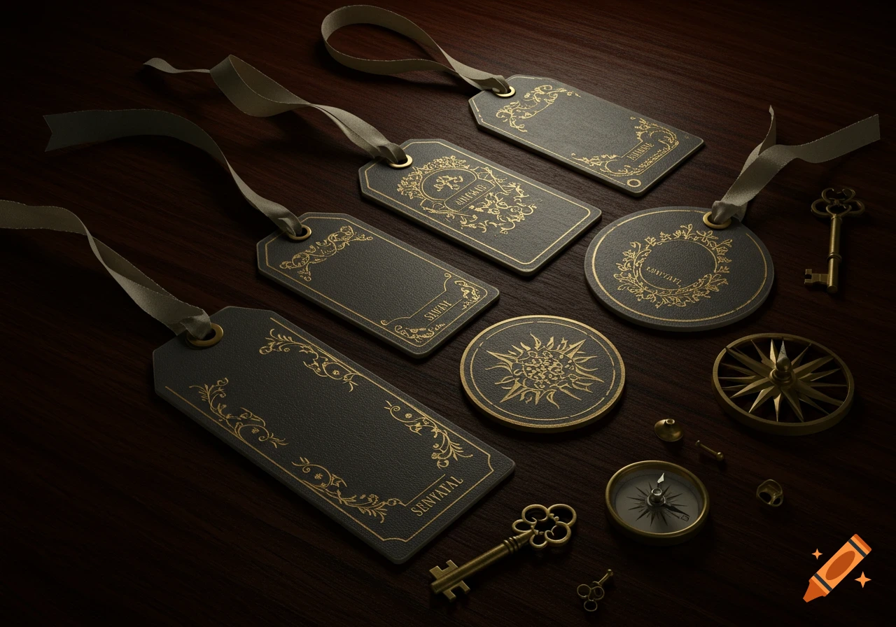 Collection of vintage-style black leather hang tags with gold foil accents, antique keys, and a brass compass on a dark wooden surface.