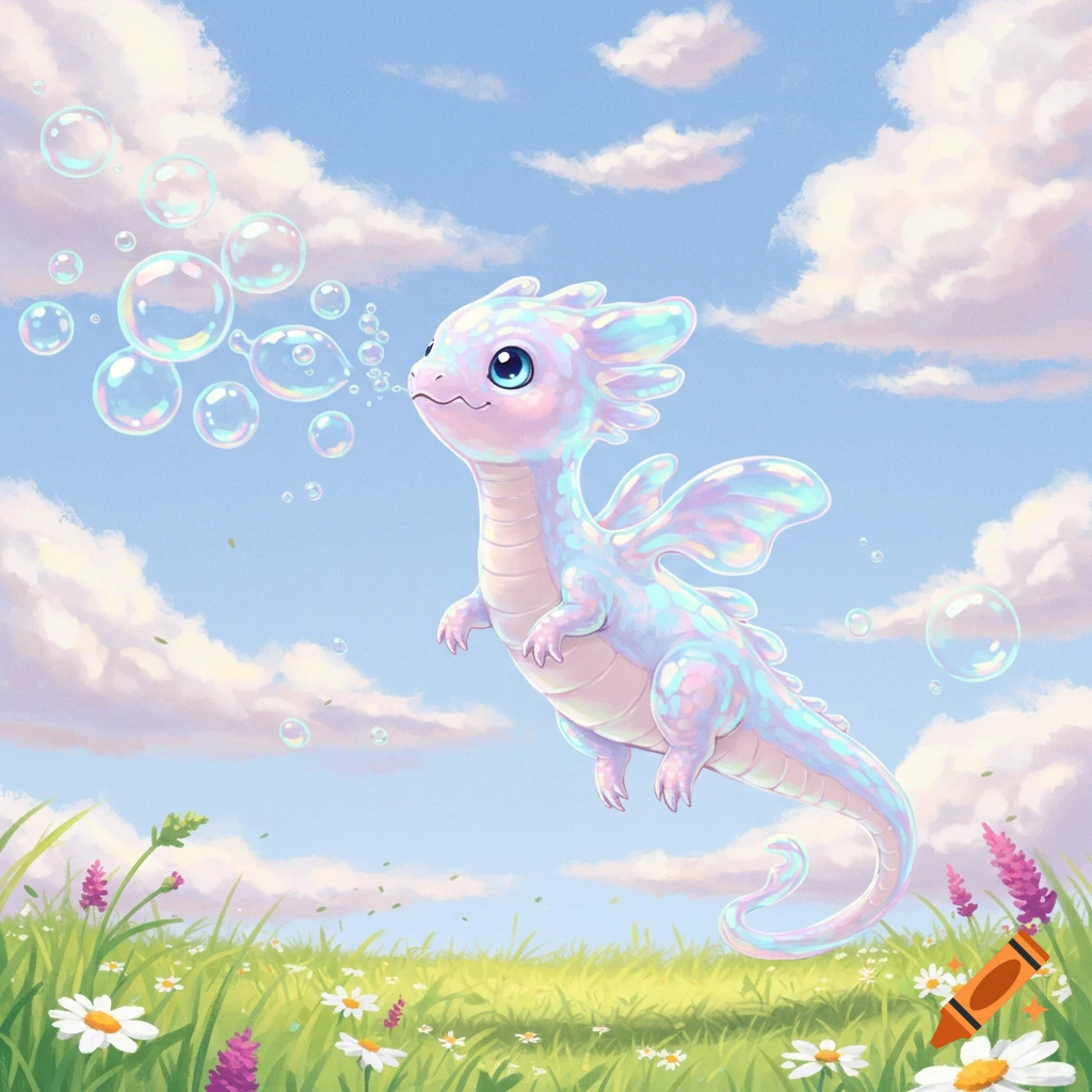 A cute, iridescent baby dragon with large blue eyes floats in a pastel sky, blowing a stream of shimmering bubbles over a grassy field with white and purple flowers, in a whimsical cartoon style.