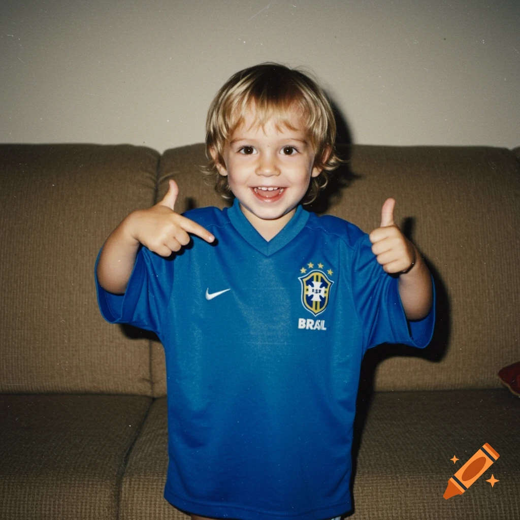 A smiling young boy in a blue Brazilian soccer jersey gives a thumbs up and points at his shirt in a 2000s Polaroid photo style.