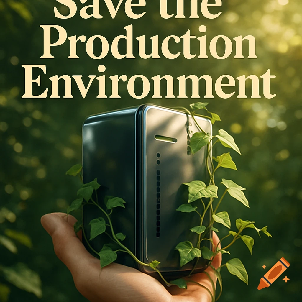A hand holds a server wrapped in green vines against a blurred green background, with the text 'Save the Production Environment' above, in a digital art style.