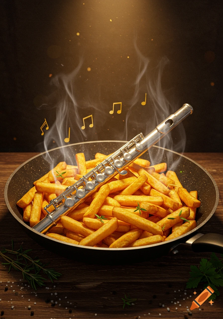 A silver flute rests in a frying pan full of golden french fries, with steam rising and glowing musical notes floating above, set on a wooden surface.