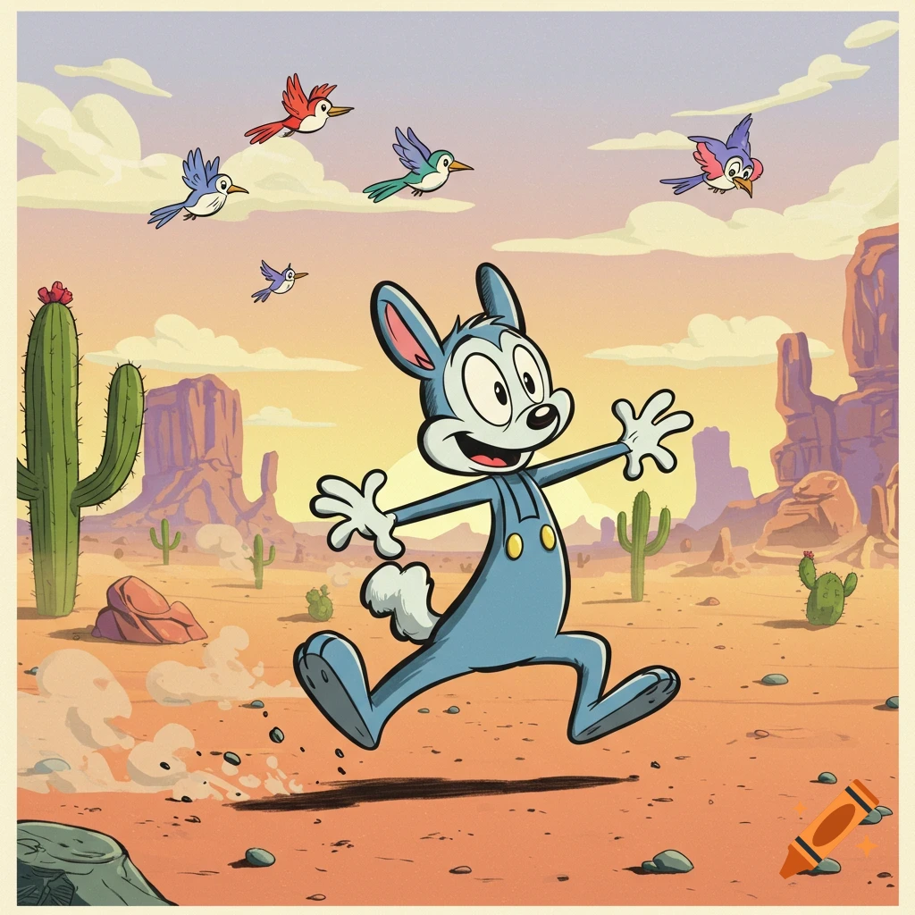 A happy blue cartoon rabbit-like character runs through a desert landscape with cacti and mesas, as colorful birds fly above.