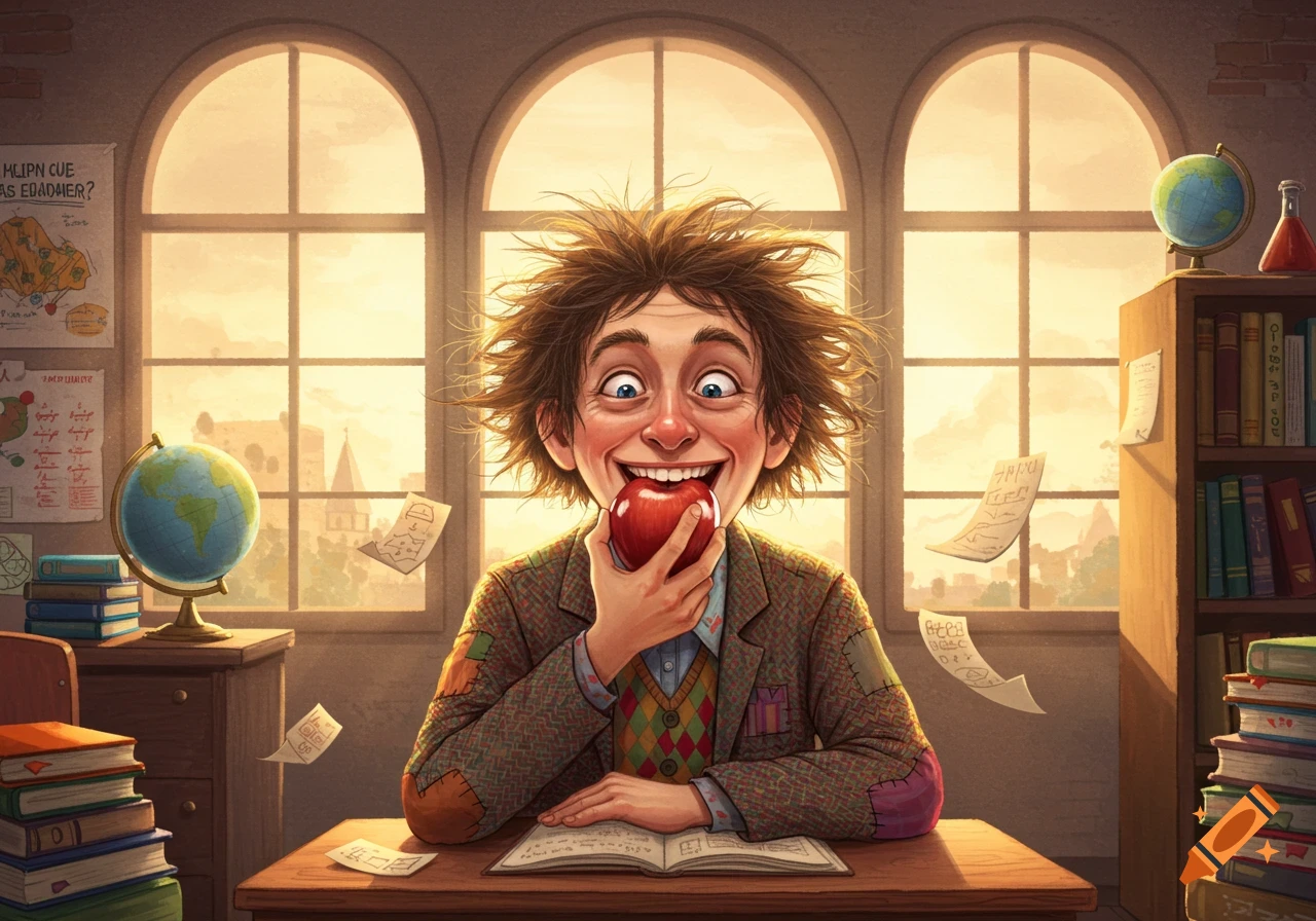 A cartoon teacher with wild hair and a silly expression eagerly takes a bite of a red apple in a classroom.
