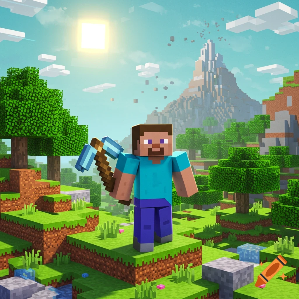 Minecraft character Steve stands in a blocky landscape holding a pickaxe under a bright sun.