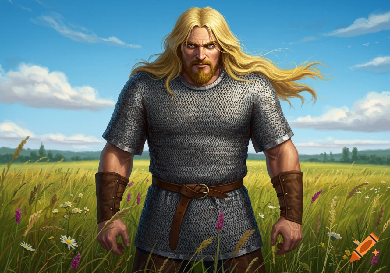 A long-haired, bearded warrior in chainmail stands menacingly in a sunny field.