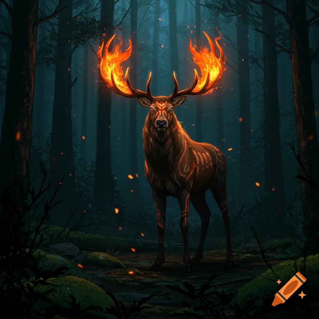 A majestic deer-like creature with fiery antlers stands in a dark, mystical forest.