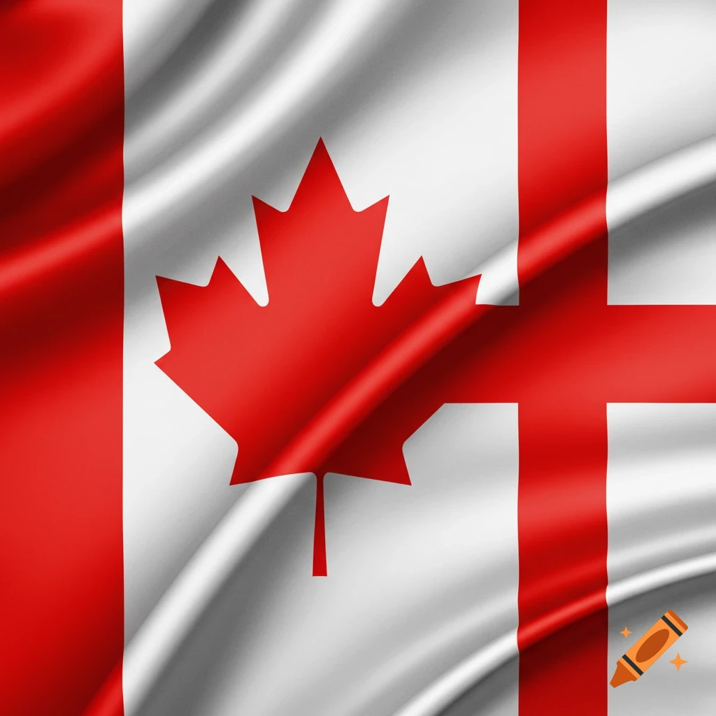 A waving flag combining the Canadian flag's red and white design with a red St. George's Cross on a white background.