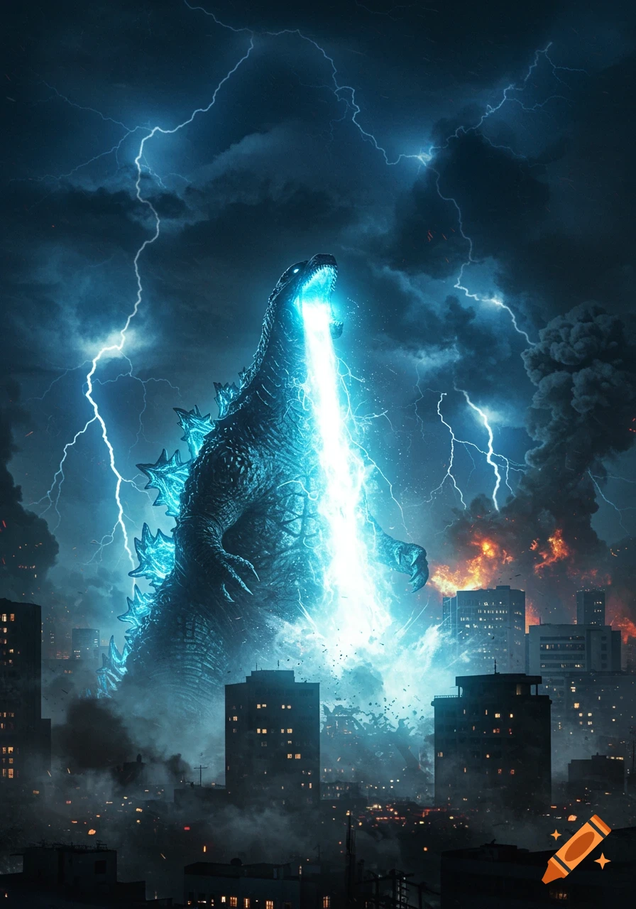 Godzilla unleashing blue atomic breath amidst lightning and destruction in a burning city at night.