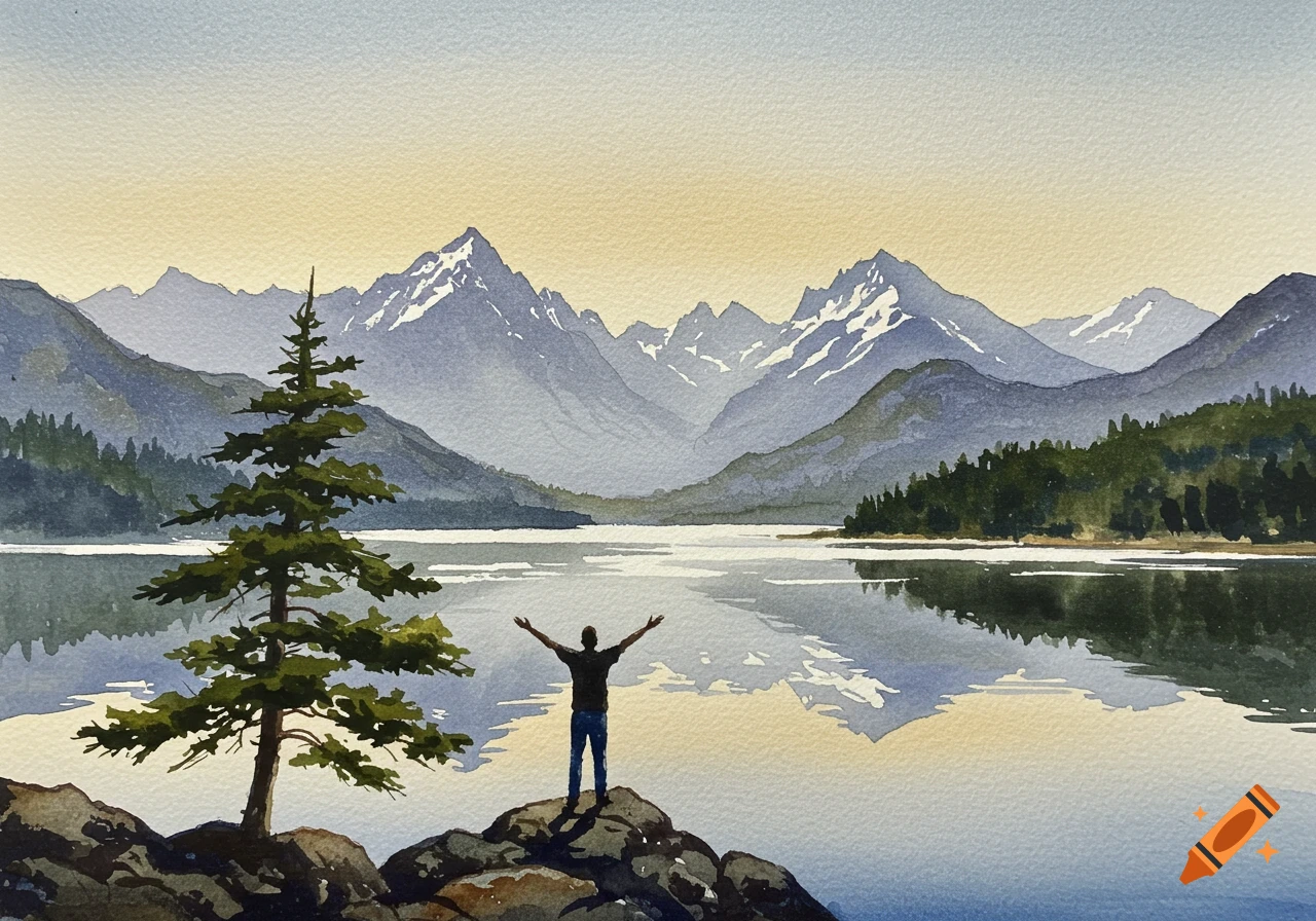 Watercolor painting of a person with outstretched arms on a rock by a tranquil mountain lake, reflecting snow-capped peaks and pine trees.