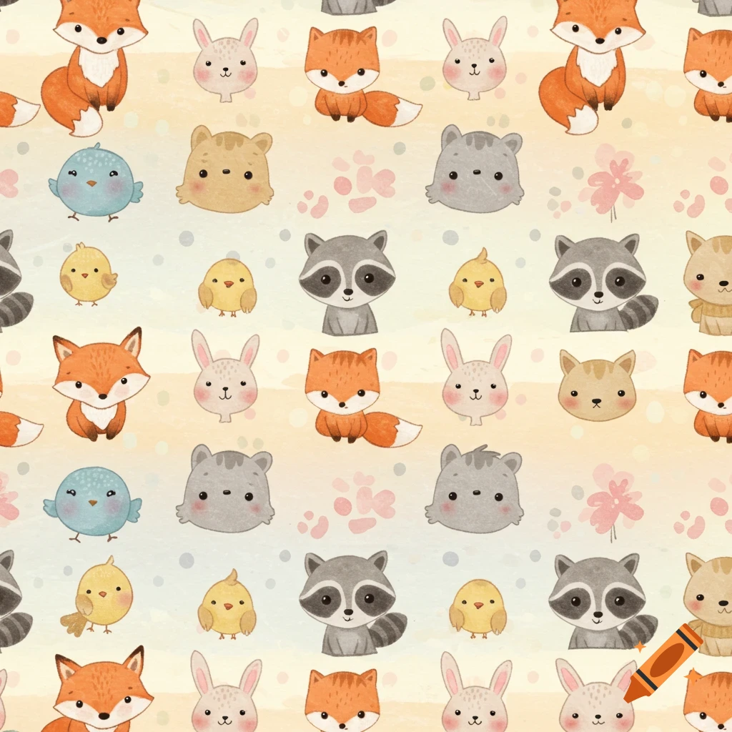Cute cartoon animal pattern featuring foxes, rabbits, raccoons, bears, bluebirds, and chicks on a watercolor background.