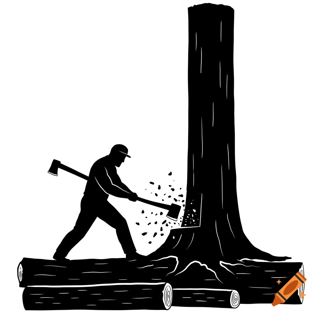 A black silhouette of a lumberjack chopping down a large tree, with wood chips flying, against a white background.