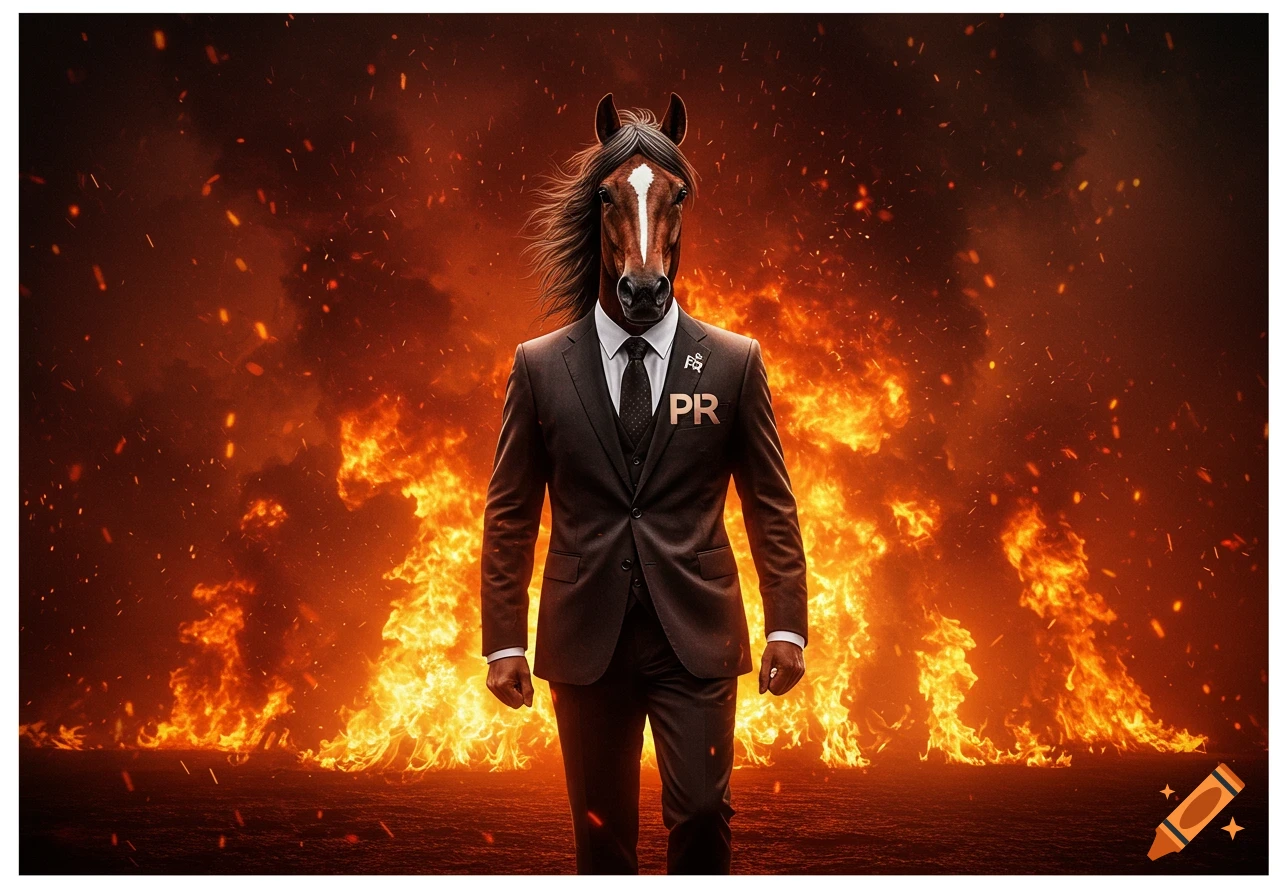 A horse head on a human body in a suit with 'PR' written on the chest, standing in front of a wall of fire.