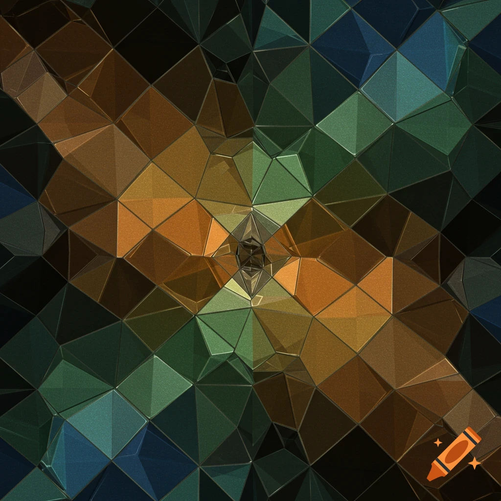A colorful polygonal geometric tile pattern in shades of brown, green, and blue.