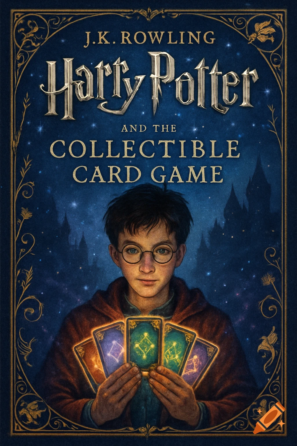 A book cover for 'Harry Potter and the Collectible Card Game' by J.K. Rowling, featuring Harry Potter holding glowing magic cards against a starry Hogwarts background.