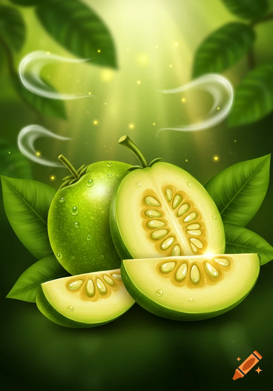 A vibrant green Garcinia cambogia fruit, whole and sliced, adorned with water droplets and surrounded by lush leaves in a glowing, natural setting.