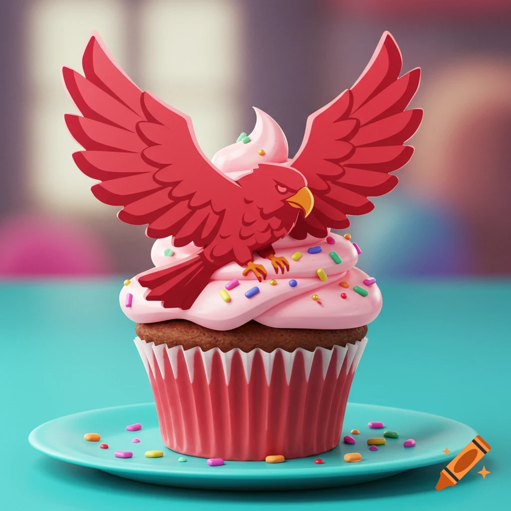 A cartoon cupcake with pink frosting and colorful sprinkles, topped with a red abstract hawk figure with outstretched wings, on a blue plate.