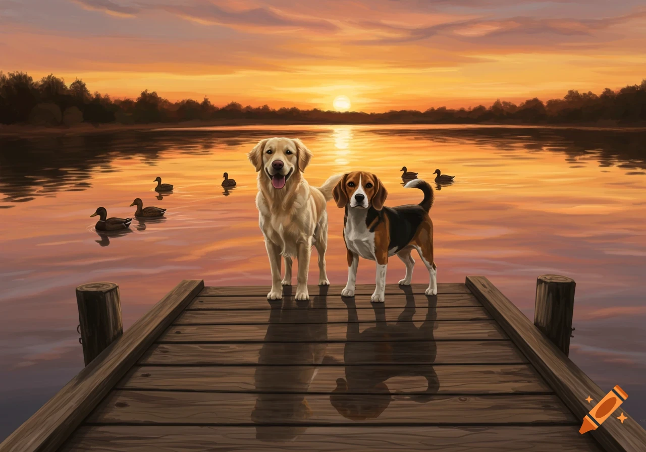 Two dogs, a golden retriever and a beagle, stand on a wooden dock looking at ducks swimming in a lake at sunset.