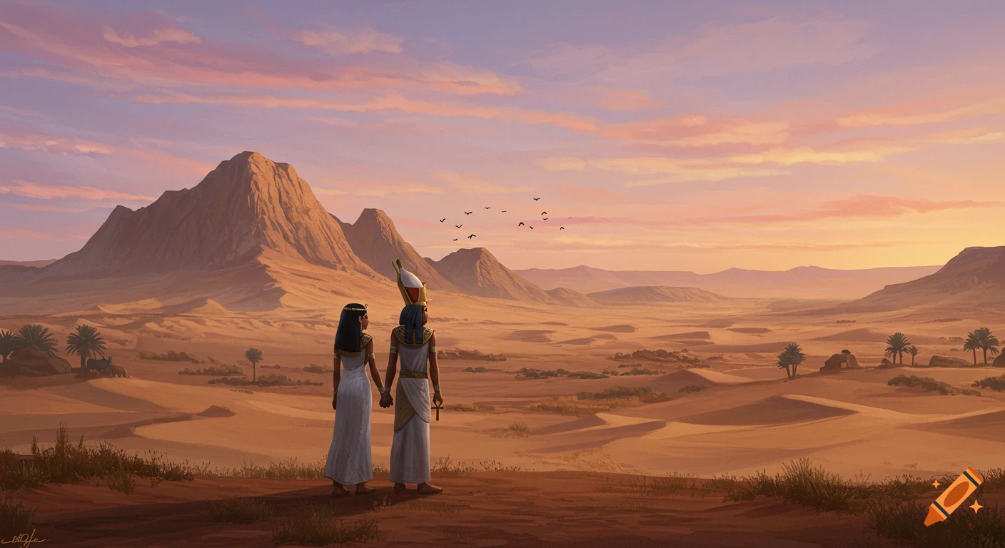 Two ancient Egyptians hold hands, watching a sunrise over a vast desert landscape with mountains.