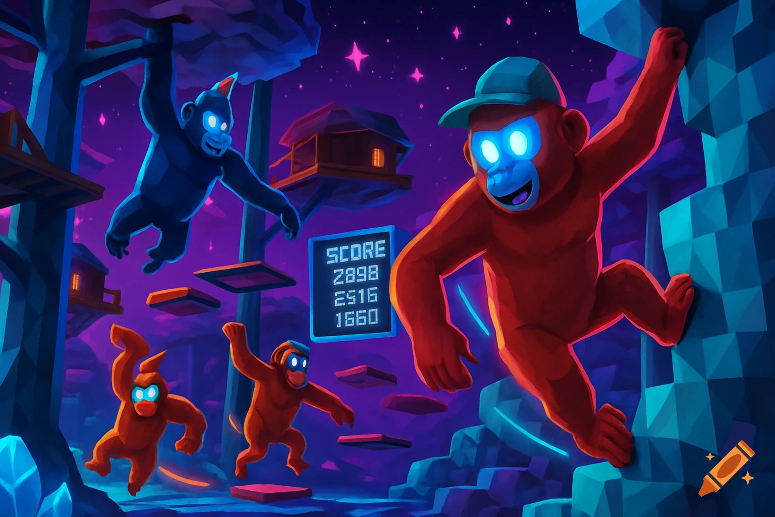 Colorful cartoon gorillas with glowing eyes play in a vibrant, neon-lit VR forest with platforms and a scoreboard, in a stylized game aesthetic.
