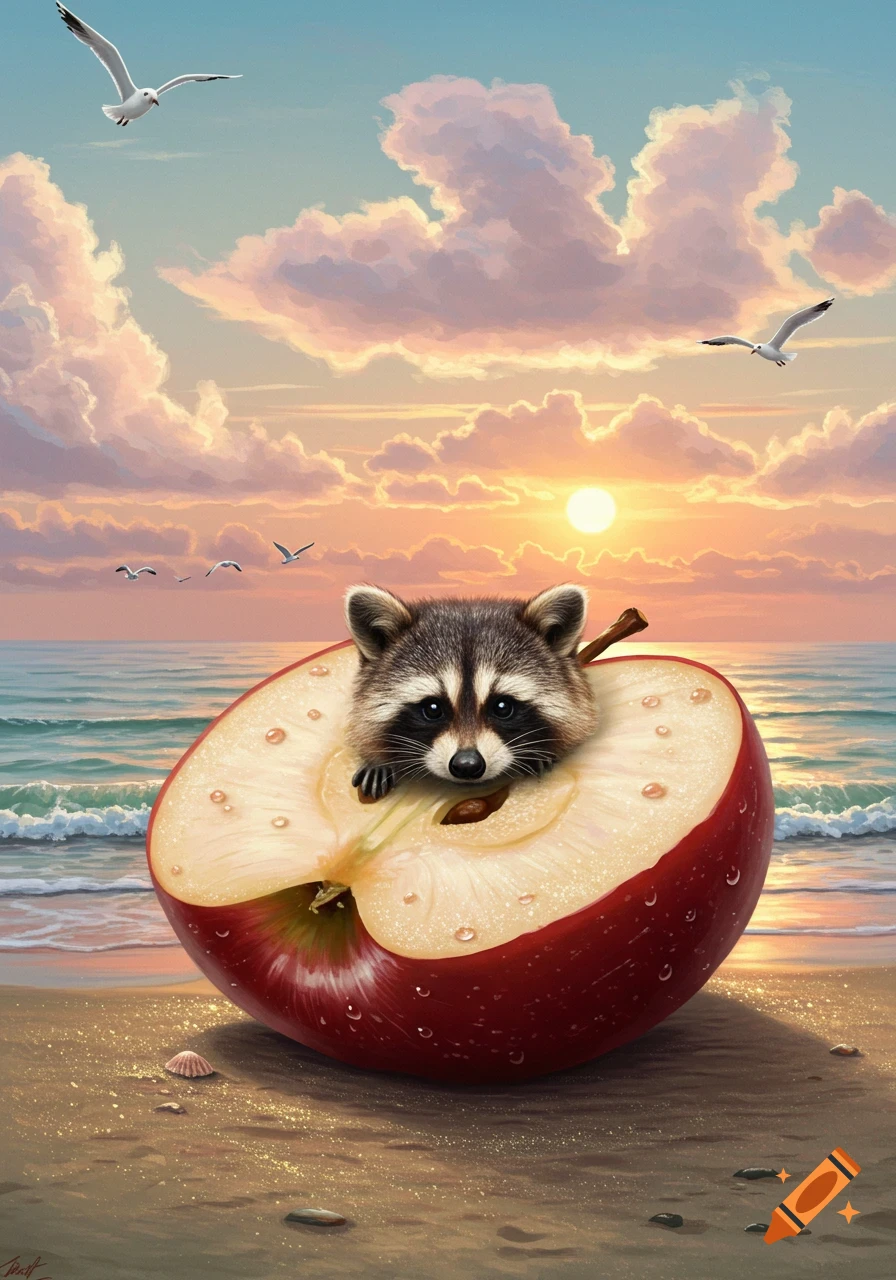 A cute raccoon peeking from a large red apple on a sandy beach at sunset with seagulls flying.