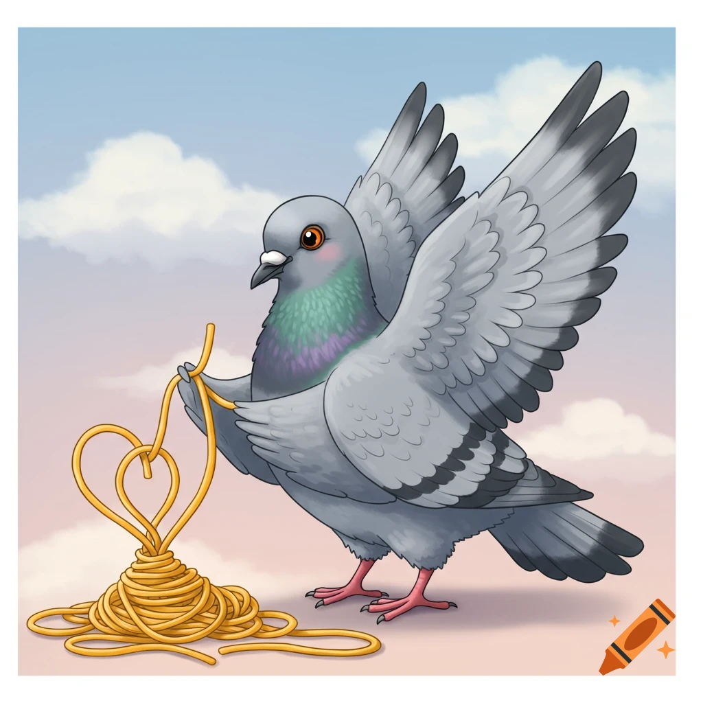 A cute cartoon pigeon holding a strand of spaghetti shaped into a heart, with a pile of spaghetti at its feet.