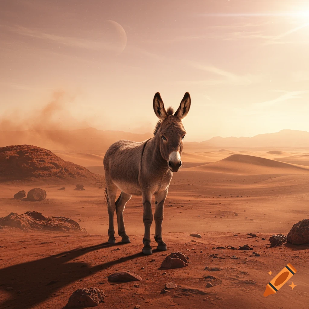 A photorealistic donkey stands in a vast, reddish desert landscape under a reddish sky with a crescent planet.