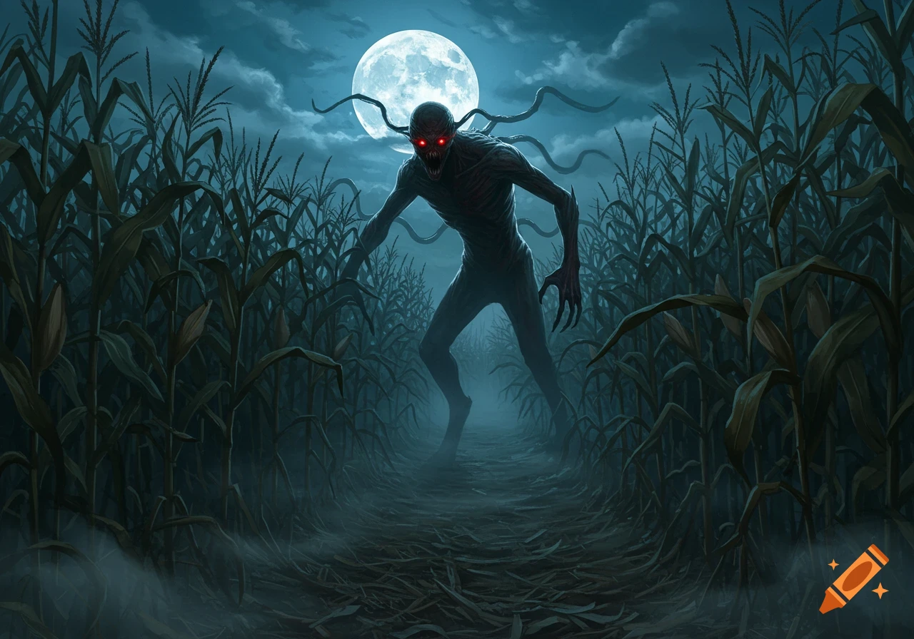A creepy monster with red eyes and tendrils emerges from a dark, misty cornfield at night under a bright full moon, in a digital art style.