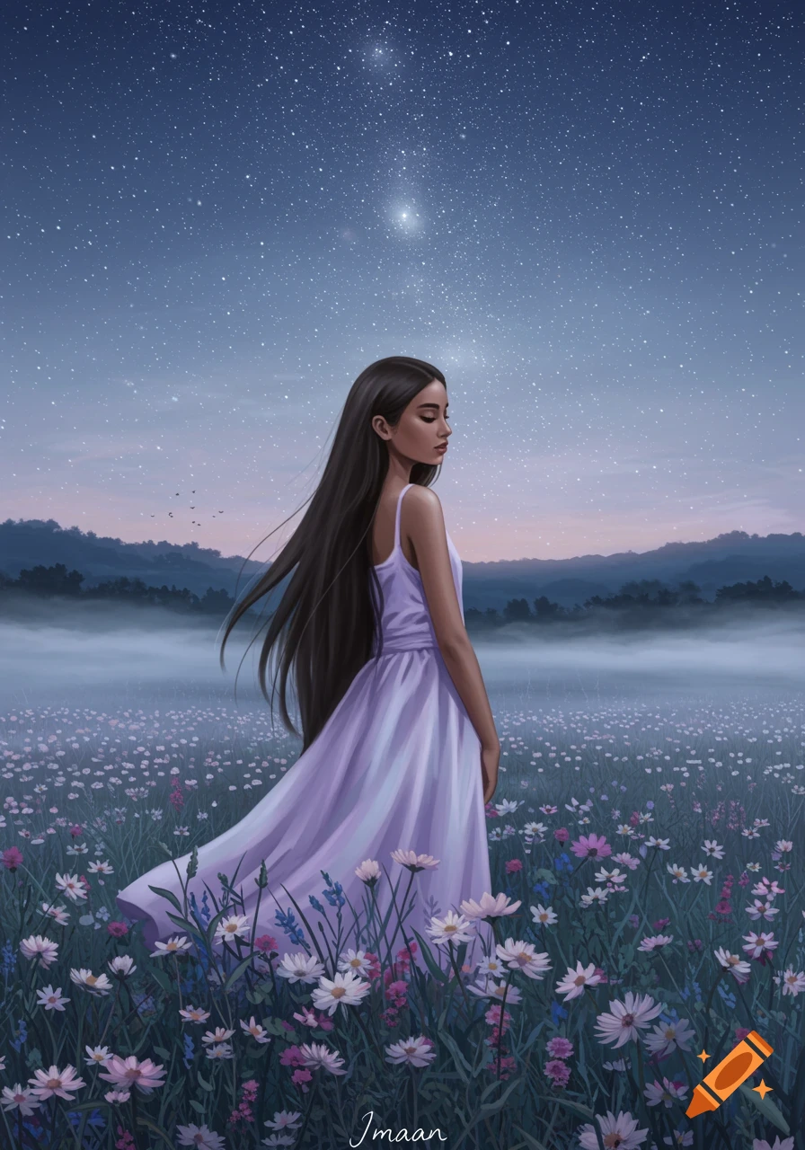 A girl in a purple dress stands in a field of flowers under a starry night sky in an illustration.