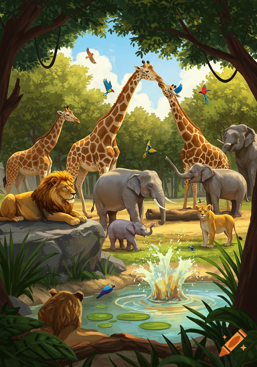 A vibrant illustration of various safari animals including giraffes, elephants, lions, and birds gathered around a pond in a lush jungle.