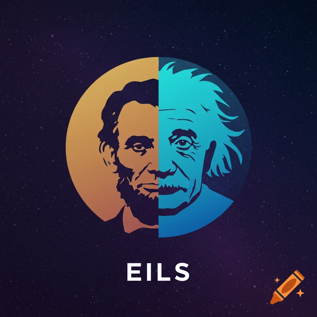 A circular minimalist logo with a split face: Abraham Lincoln in warm bronze on the left, Albert Einstein in cool blue on the right, against a cosmic background. Text 'EILS' below.