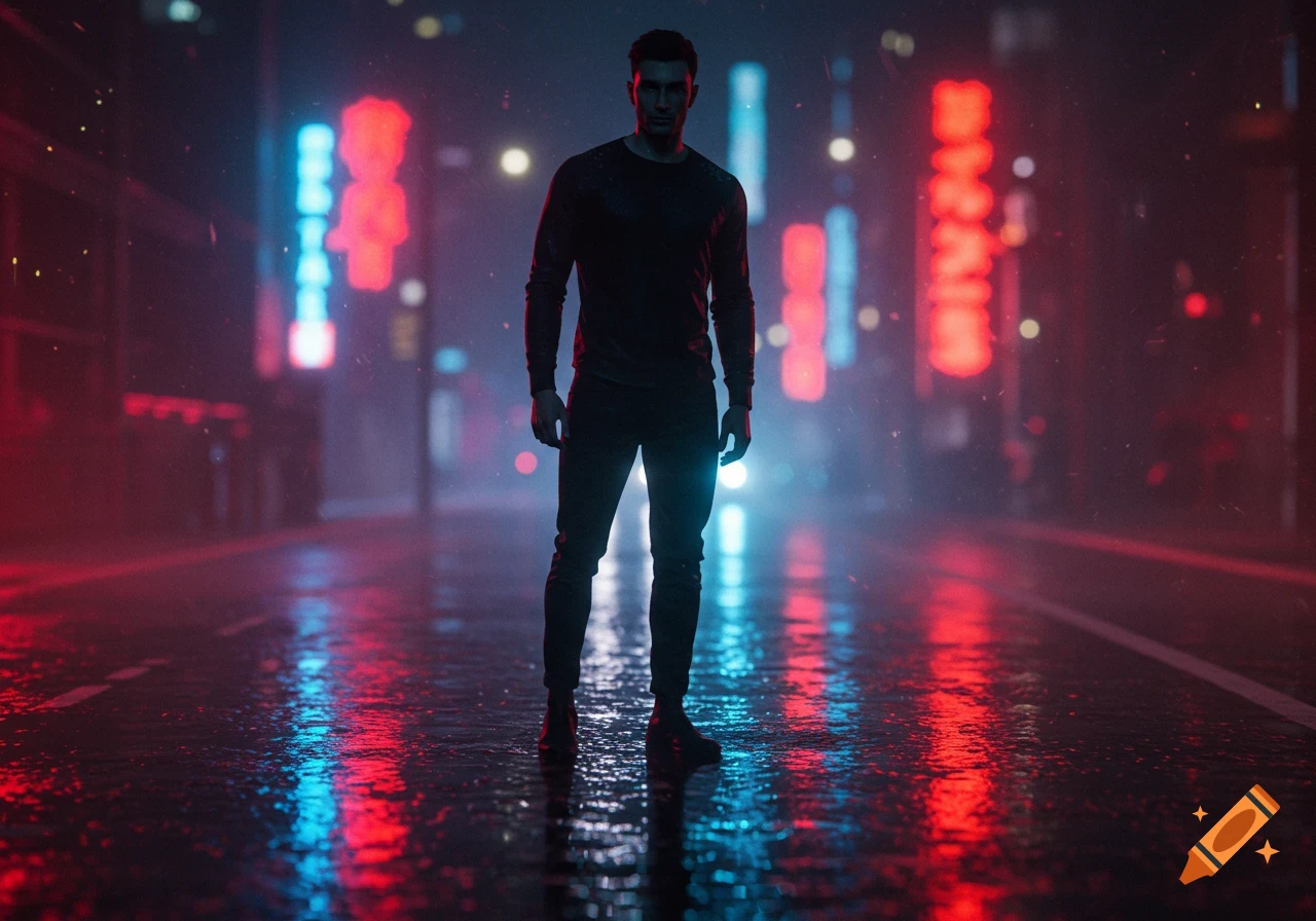 A man stands on a wet street at night, reflecting vibrant red and blue neon lights from buildings in the background.