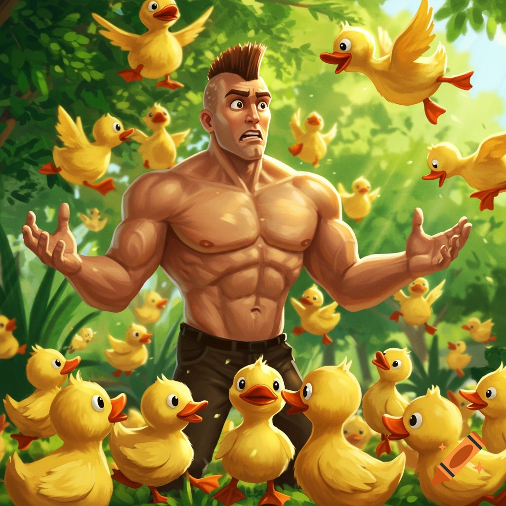 A muscular man with a mohawk is overwhelmed by a swarm of small yellow ducks in a vibrant green forest, illustration style.