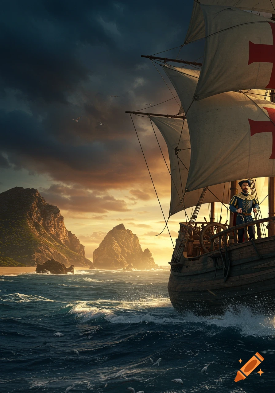 A historic caravel sails on choppy seas near a rocky coast under a dramatic sunset, with a figure standing on deck.