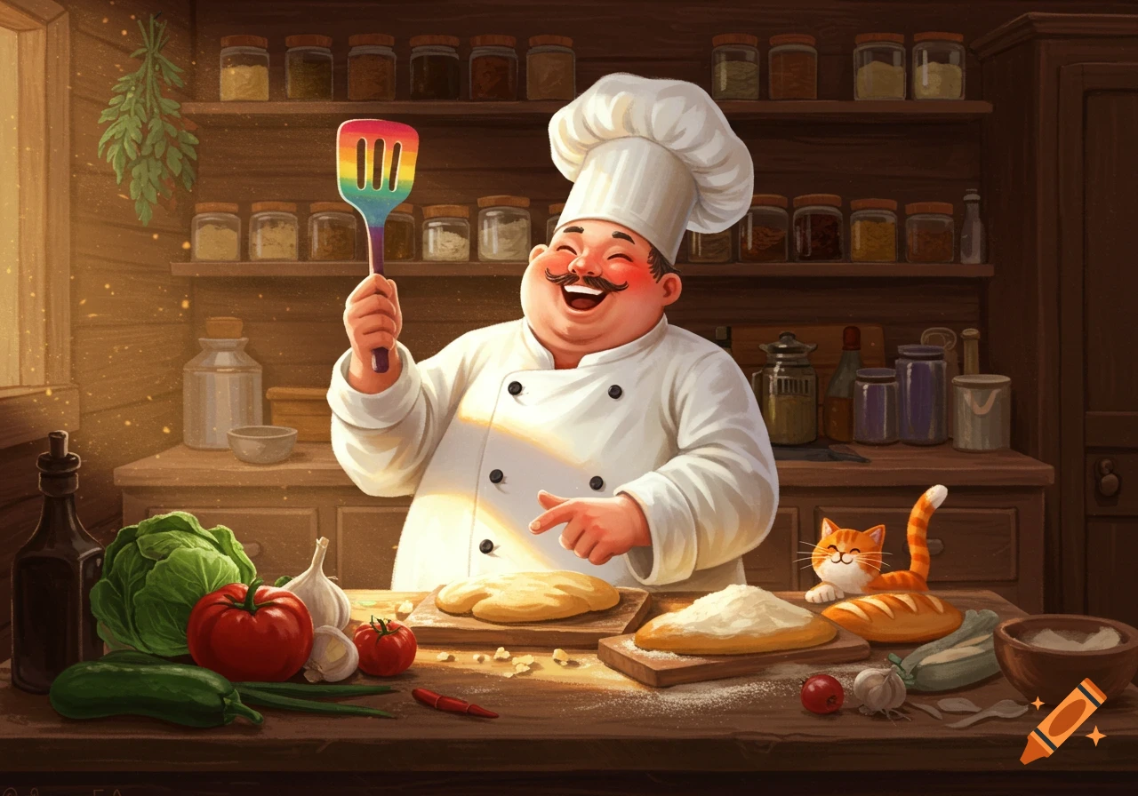 A cheerful cartoon chef in a kitchen, holding a rainbow spatula, with ingredients and a cat on the counter.