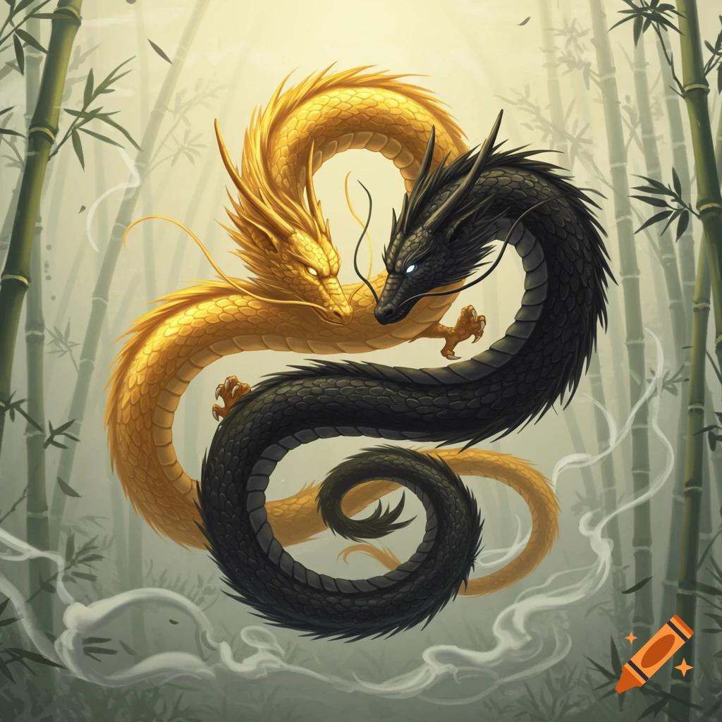 A golden dragon and a black dragon intertwine in a yin-yang symbol against a bamboo forest background, in an illustrative style.
