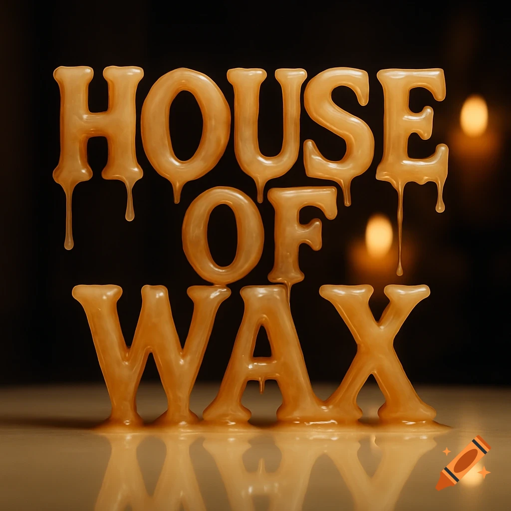 The words 'HOUSE OF WAX' rendered as dripping, golden wax letters on a reflective surface.