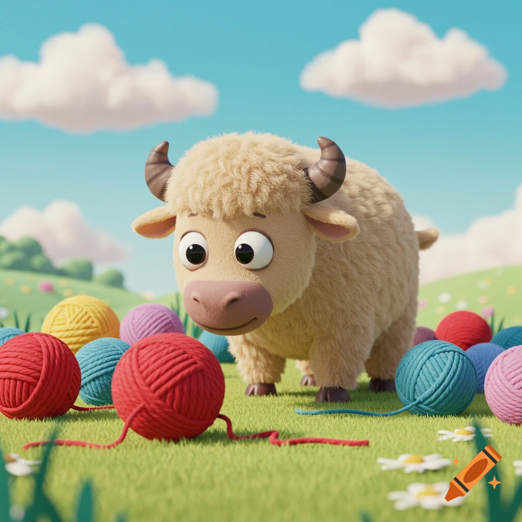 A cute fluffy cartoon yak stands in a sunny green field surrounded by colorful balls of yarn.