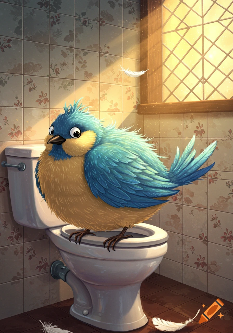 A fluffy blue and yellow cartoon bird with wide eyes sits on a white toilet in a tiled bathroom with a sunlit window.