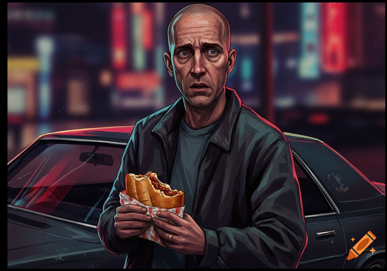 Anxious, bald man holding a half-eaten sub sandwich, standing next to a car on a city street at night, in an illustrative style.