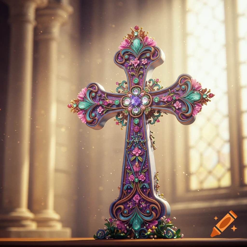 A vibrantly decorated cross adorned with pink, purple, teal flowers and gemstones, set in a sunlit church interior.