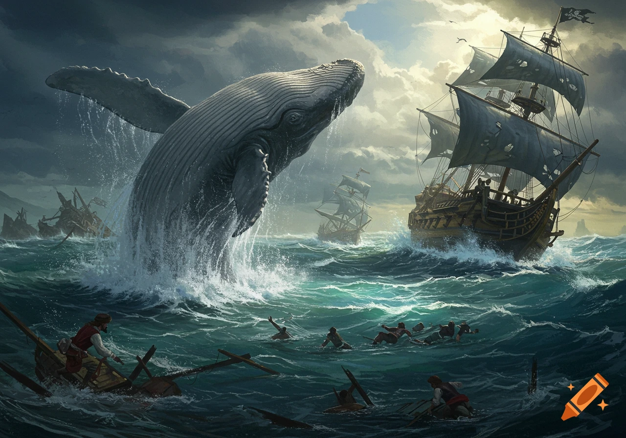 A giant whale breaches from the ocean, towering over pirate ships amidst a stormy sea with sailors in the water, in a dramatic painting style.